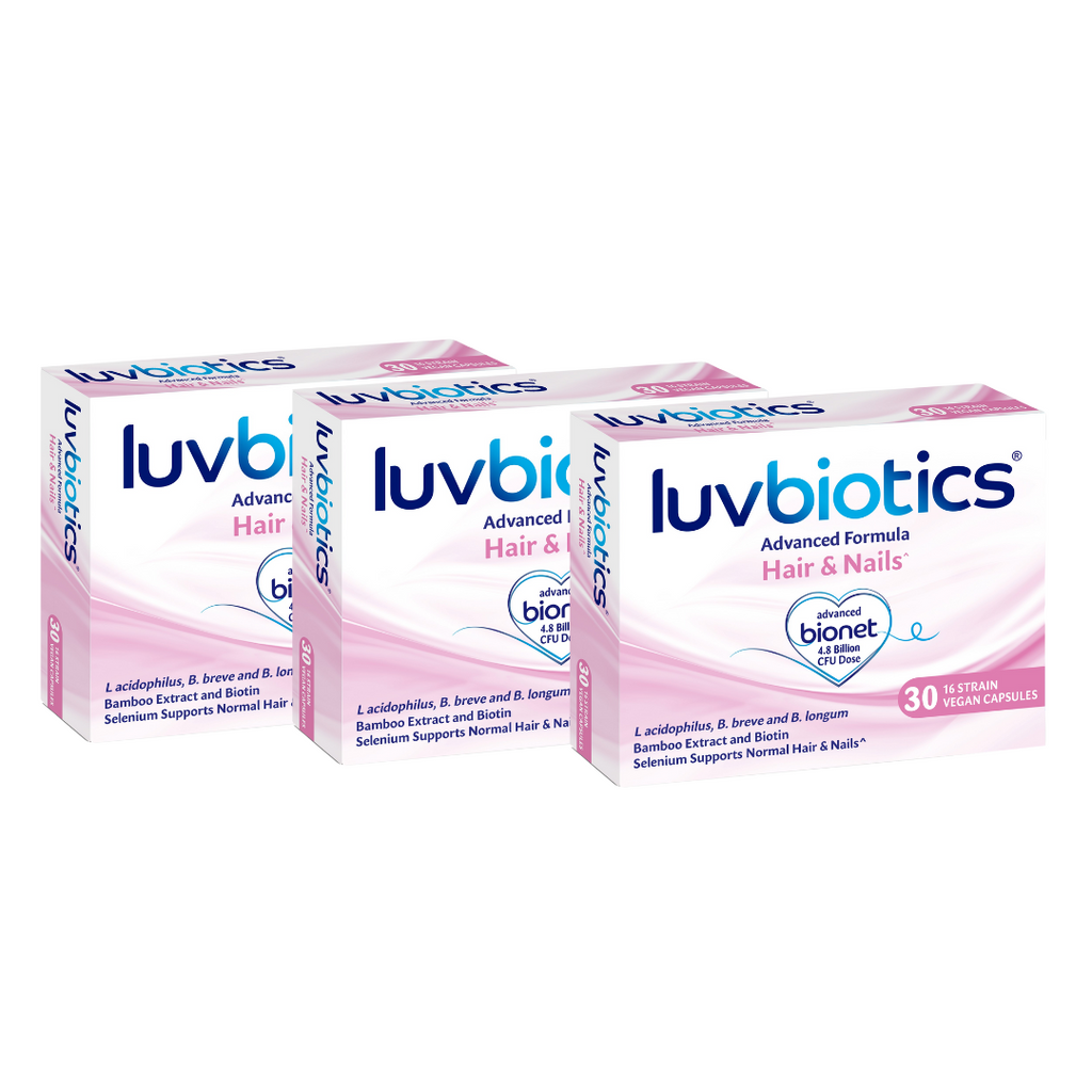 Luvbiotics for Healthy Hair and Nails -Live Gentle Cultures +Bamboo Extract+ Biotin & Selenium -90 Vegan Capsules