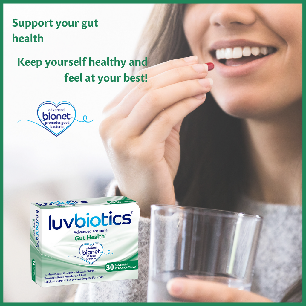 LUVBIOTICS Gut Health -Live Gentle Cultures +Turmeric Root Powder +Calcium & Zinc -30 Vegan Capsules