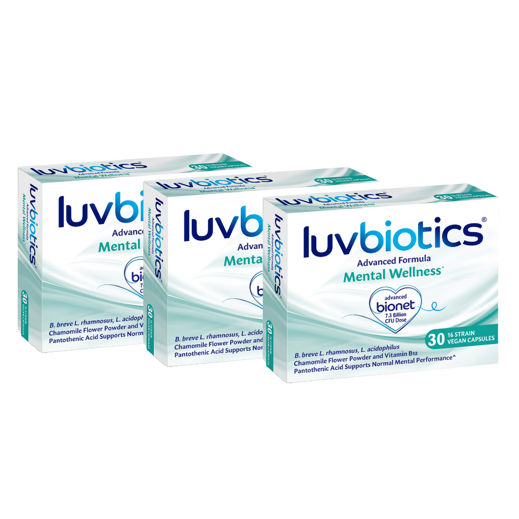 Luvbiotics Mental Wellness -Live Gentle Cultures + Pantothenic Acid + Vitamin B12+Chamomile Flower -90 Vegan Capsules