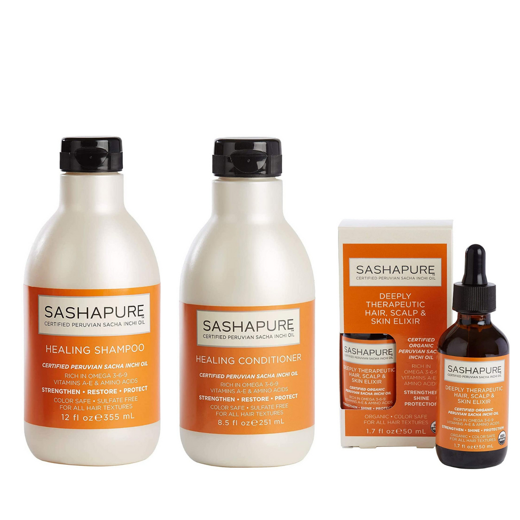 Sashapure Healing Shampoo 355ml & Conditioner 251ml  Set + Deeply Therapeutic Hair, Scalp & Skin Elixir